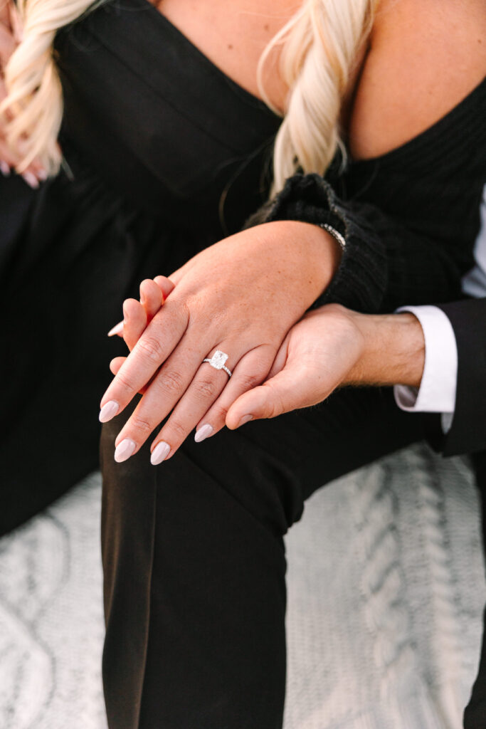 Close up shot of a stunning engagement ring after a beautiful proposal in Big sur