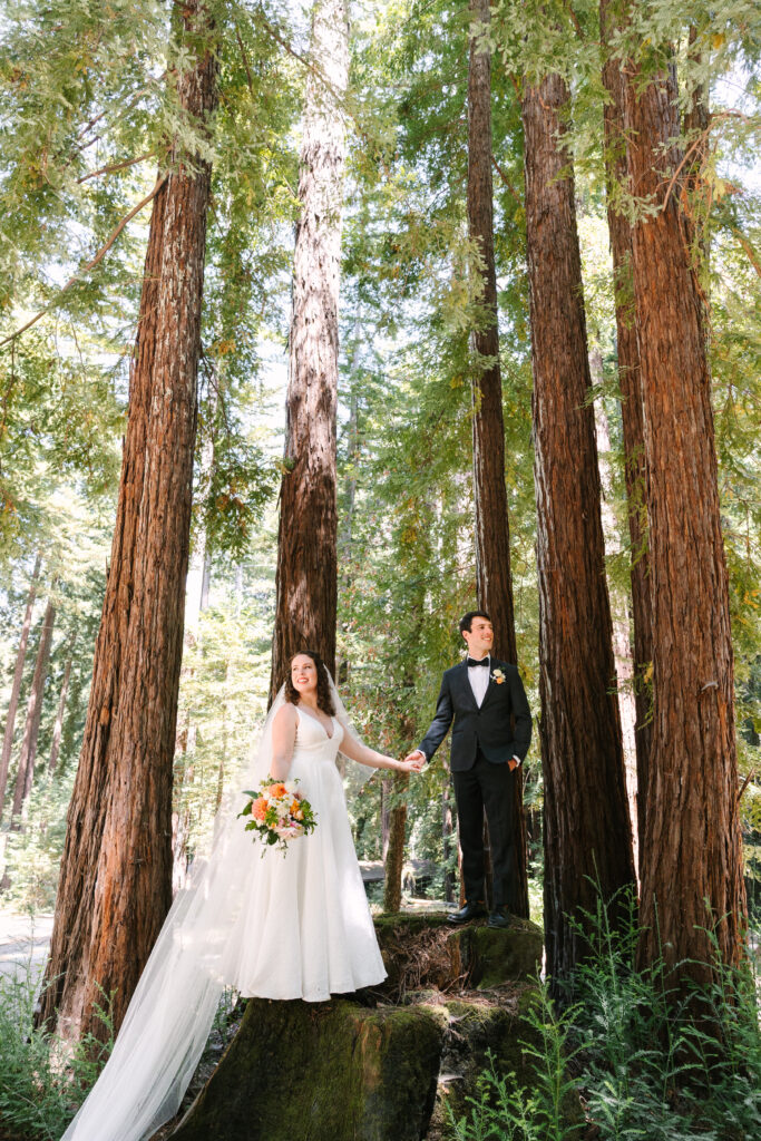 Bride and groom next to giant redwood trees in Santa Cruz Mountains